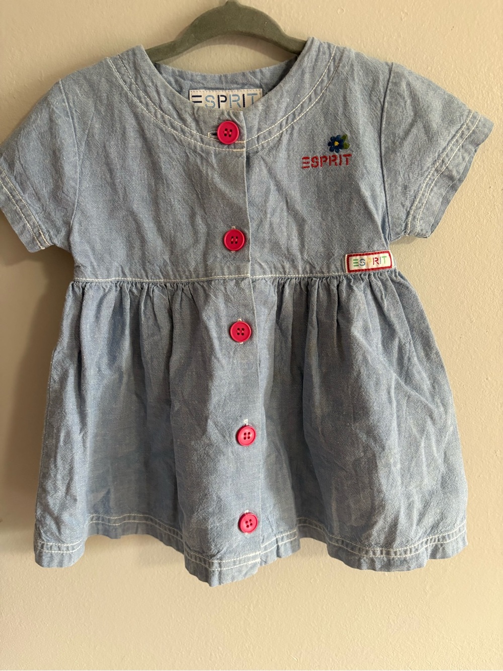Vintage Esprit Light Blue Denim Baby Dress with Pink Buttons